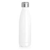 A drink bottle in white with a silver lid, featuring a sleek, streamlined design.