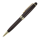 A mechanical pen in black with gold accents and a clip, featuring a sleek, elegant design and branding.