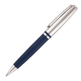 A metal ballpoint pen with a midnight blue grip and silver accents. It features a sleek design and a brand logo.