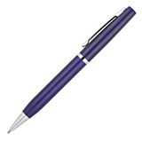 A purple ballpoint pen with a silver trim and a logo on the clip.