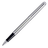 A brushed stainless steel rollerball pen with a black grip and a silver clip, featuring a logo.