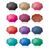 A series of 12 umbrellas in various colours including black, pink, red, purple, and teal, featuring a logo.