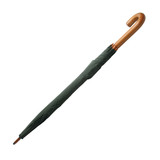A green umbrella with a wooden handle, featuring a logo on the exterior.