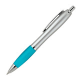 A ballpoint pen with a silver barrel and a turquoise rubber grip, featuring a silver clip.