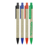 A set of four ballpoint pens with recycled paper barrels in black, blue, red, and green, featuring a logo. A set of four ballpoint pens with recycled paper barrels in black, blue, red, and green, featuring a logo.