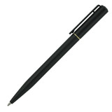 A black ballpoint pen with a sleek design and a gold band, featuring a clip on the cap.