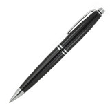 A sleek black ballpoint pen with silver accents and a clip. It features a modern design and elegant branding.