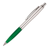 A silver ballpoint pen with a green grip and a clip. The pen has a sleek, modern design and includes a logo.