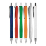 A selection of six plastic ballpoint pens in blue, red, green, orange, silver, and white, featuring a logo on each.