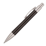 A black plastic ballpoint pen with a silver clip and tip, featuring a sleek design. It has a logo on the barrel.