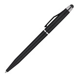 A black ballpoint pen with a stylus tip, featuring a silver accent and a clip for easy attachment.