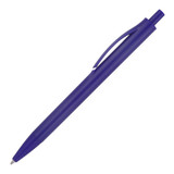 A solid purple ballpoint pen with a clip and smooth design, featuring a logo on the side.