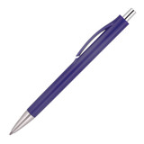 A purple ballpoint pen with a silver clip and tip, featuring a smooth curved design.