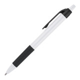 A ballpoint pen with a white barrel and a black grip, featuring a black clip and a silver tip.
