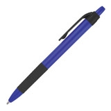 A blue ballpoint pen with a black grip and clip, featuring a logo on the barrel.