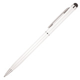 A metal ballpoint pen in white with silver accents and a stylus tip. It features a sleek design and a clip.