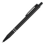 A black ballpoint pen with a sleek design and silver accents, featuring a clip and a rounded tip.