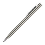 A metal ballpoint pen in a sleek silver finish with a clip and a branded element.