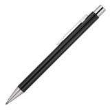A shiny black metal ballpoint pen with silver accents and a clip, featuring a logo.