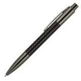 A metal ballpoint pen with a carbon fibre grip and silver accents. It features a clip and a sleek design.
