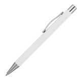 A matte white ballpoint pen with a silver clip and tip. The pen features a branding logo.