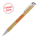 A bamboo ballpoint pen with silver accents and a logo, featuring a natural wood finish.