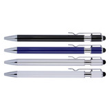 A set of four metal ballpoint pens in black, blue, silver, and white, each featuring a stylus tip and a logo.