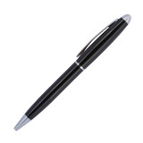 A black ballpoint pen with a silver tip and clip, featuring a sleek design and a logo on its surface.