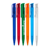 A collection of ballpoint pens in blue, red, green, orange, transparent blue, and clear, featuring a logo on some.