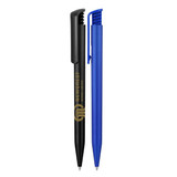 Two ballpoint pens in matte finishes: one black with a logo and one blue.