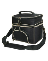 A black travel cooler bag with a double zip closure and an adjustable shoulder strap. It features a front pocket and a carry handle.