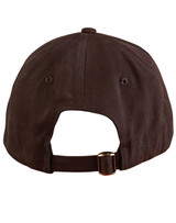 A dark brown cap featuring a buckle closure at the back and a logo.