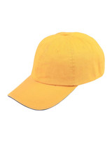 A washed cotton unstructured sandwich cap in bright yellow with a curved visor and a logo.