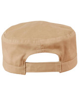A military cap in a khaki colour, featuring a flat top and an adjustable strap at the back. It has a logo.