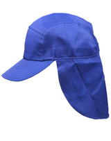 A blue poly cotton legionnaire hat with a wide brim and protective neck flap. It features a logo. A blue poly cotton legionnaire hat with a wide brim and protective neck flap. It features a logo.