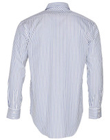 A men's long sleeve shirt in white with blue stripes, featuring a button-up design and a logo on the back.