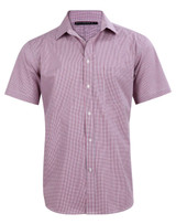 A short-sleeved button-up shirt featuring a two-tone mini check pattern in red and white. Includes a chest pocket and branding.