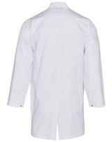 A white unisex long sleeve lab coat with a back view, featuring buttons at the cuffs and a simple design.