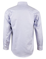 A light blue long sleeve button-up shirt featuring a contrasting dot design and a logo.