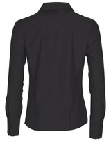 A black women's long sleeve button-up shirt featuring a fitted design and a collar, with a logo on the back.