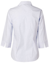 A light blue women's button-up shirt with 3/4 sleeves and an open collar, featuring a back view.