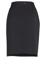 A black utility cargo skirt featuring front pockets and a waistband with a button closure. A black utility cargo skirt featuring front pockets and a waistband with a button closure.