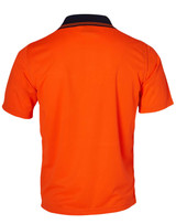 A Hi-Vis short-sleeve safety polo shirt in vibrant orange, featuring a contrasting black collar and logo. A Hi-Vis short-sleeve safety polo shirt in vibrant orange, featuring a contrasting black collar and logo.