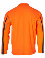 A high-visibility long-sleeve polo shirt in bright orange, featuring black detailing and a logo on the front.