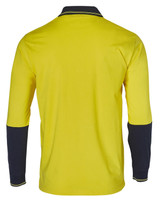 A long-sleeved safety polo in hi-vis yellow with navy blue sleeves and collar, featuring a logo. A long-sleeved safety polo in hi-vis yellow with navy blue sleeves and collar, featuring a logo.