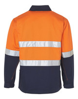 A Hi-Vis two-tone work jacket in orange and navy with reflective 3M tapes and a logo on the back. A Hi-Vis two-tone work jacket in orange and navy with reflective 3M tapes and a logo on the back.