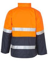 A high-visibility long line safety jacket in orange and navy, featuring reflective 3M tape stripes. It has a logo.