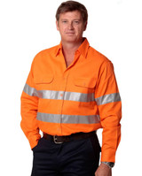 An orange long-sleeved drill shirt featuring reflective 3M tape stripes, designed for safety wear.