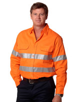 An orange long-sleeved drill shirt featuring reflective 3M tape stripes, designed for safety wear. An orange long-sleeved drill shirt featuring reflective 3M tape stripes, designed for safety wear.
