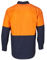 A long-sleeve work shirt in orange and navy, featuring a logo on the back.